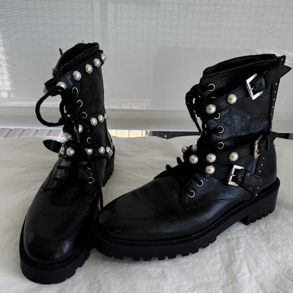 Zara Pearl Embellished Authentic Leather Black Biker Ankle Boots - Picture 2 of 13